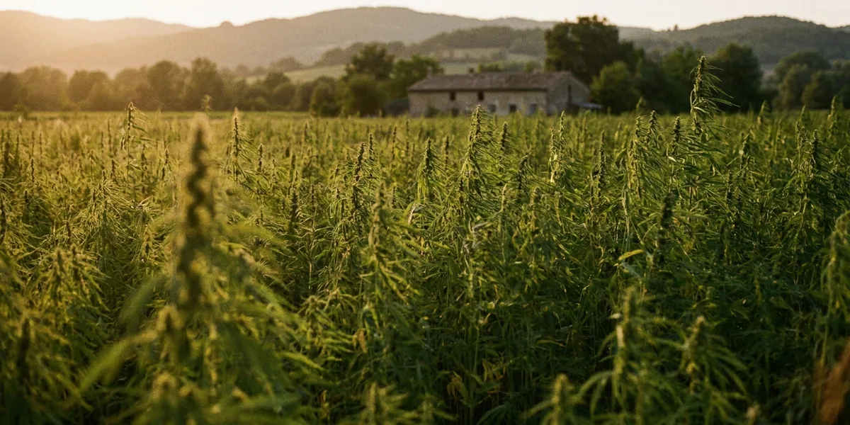 Nutzhanffeld in ländlicher mitteleuropäischer Landschaft im Abendlicht