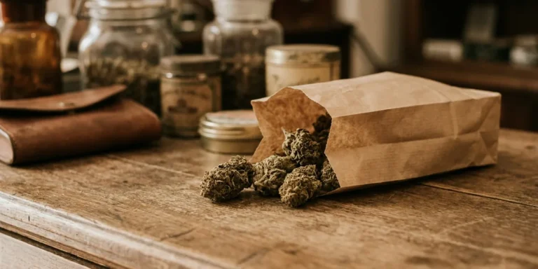 Getrocknete CBD-Blüten in einer Papiertüte auf einer Holztheke