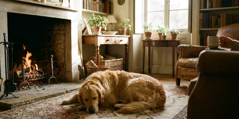 Entspannter Hund liegt auf einem Teppich vor dem Kamin