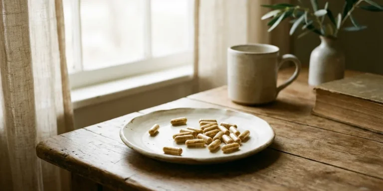 CBD-Kapseln auf einem kleinen Teller neben einer Tasse Tee