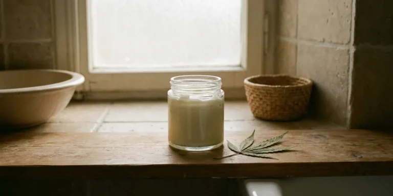 Unbeschriftetes Cremeglas mit Hanfblatt auf einer Fensterbank im Bad
