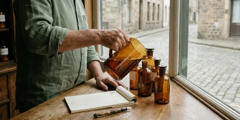 Apotheker bereitet magistrale Dronabinol-Tropfen in Braunglasflaschen zu