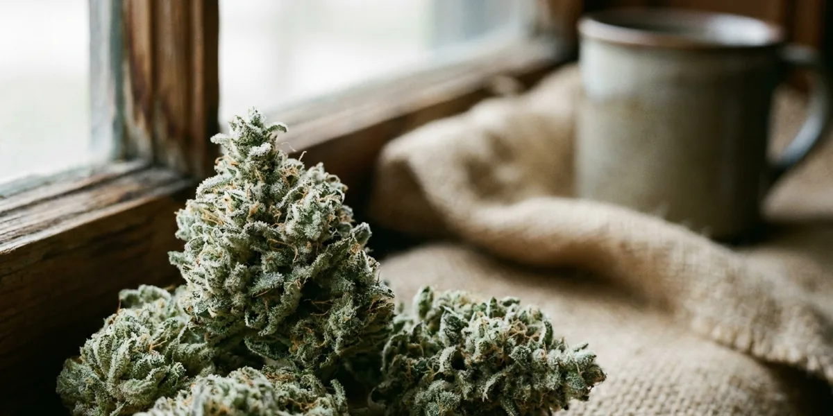 Frostige Cannabisblüten mit sichtbaren Trichomen in Nahaufnahme
