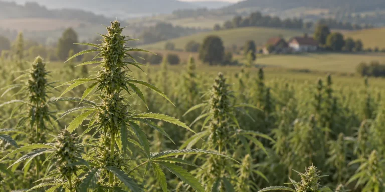 Blühende Spitzen junger Nutzhanfpflanzen auf einem Feld im Morgenlicht