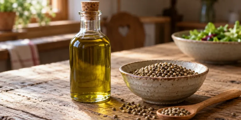 Flasche mit grünlich-goldenem Hanföl und eine Schale Hanfsamen auf einem Holztisch in einer Bauernküche